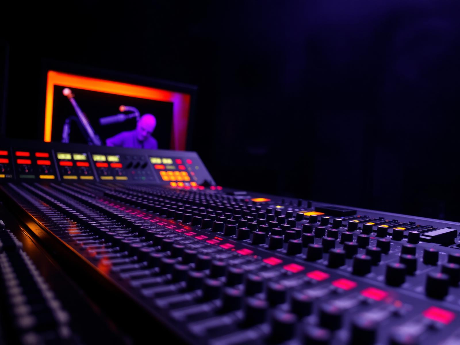 Radio broadcast mixing console lit in purple and gold