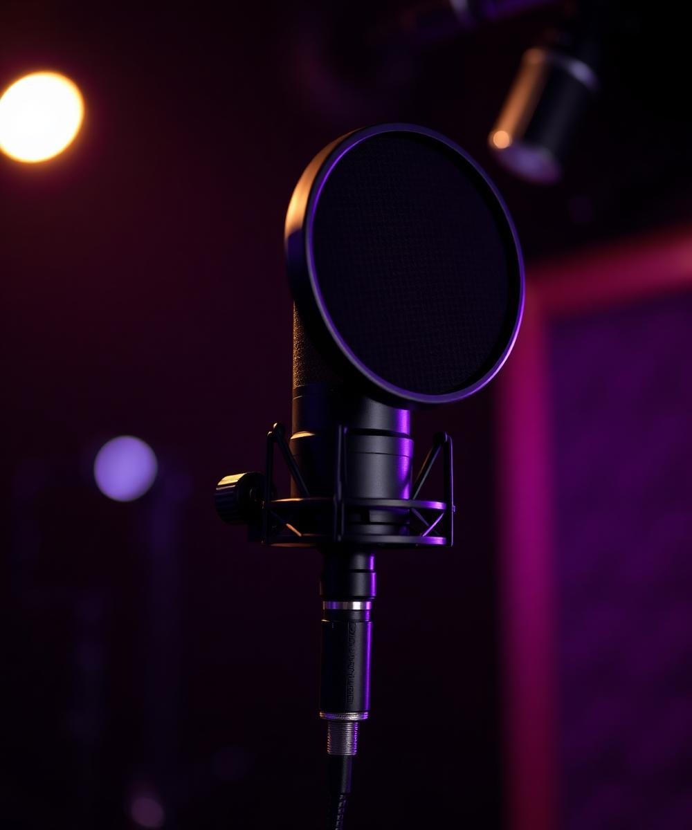 Studio condenser microphone under purple and gold lighting